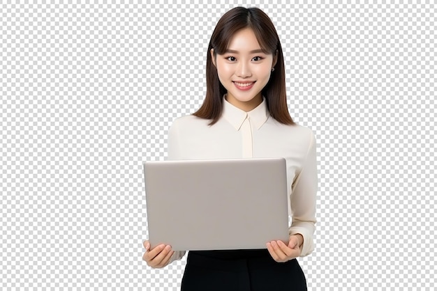 PSD Счастливая женщина с ноутбуком, изолированная на прозрачном фоне