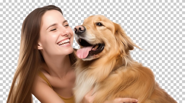 PSD happy woman with pet dog isolated on transparent background