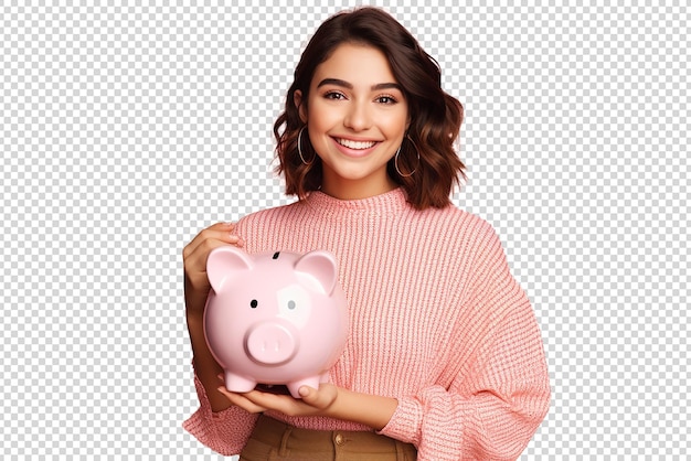 Happy woman with the piggy bank isolated on a transparent background