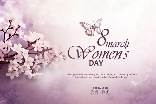 Happy womens day background with ribbon pink campanula flowers international march