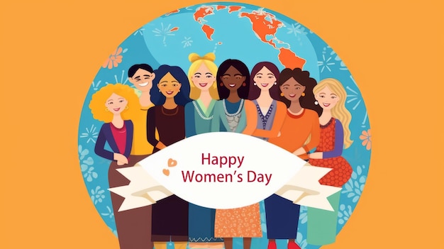 PSD happy womens day card with eight women of different ethnicities and cultures