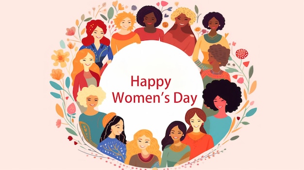 PSD 다양한 인종과 문화를 가진 8명의 여성이 포함된 행복한 여성의 날 카드
