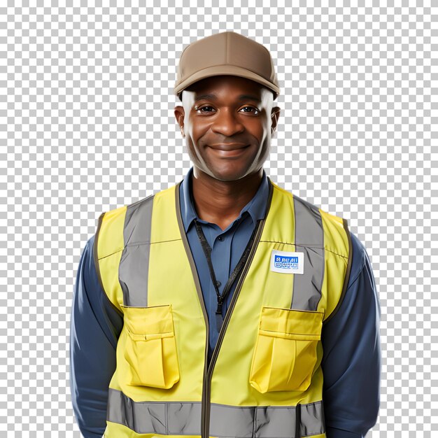 PSD happy worker american man with safety suit work isolated on transparent background