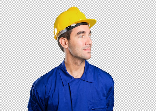 Happy worker posing on white background