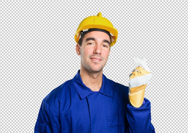 PSD happy worker with money gesture on white background