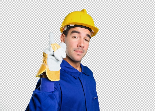 Happy worker with number one gesture on white background