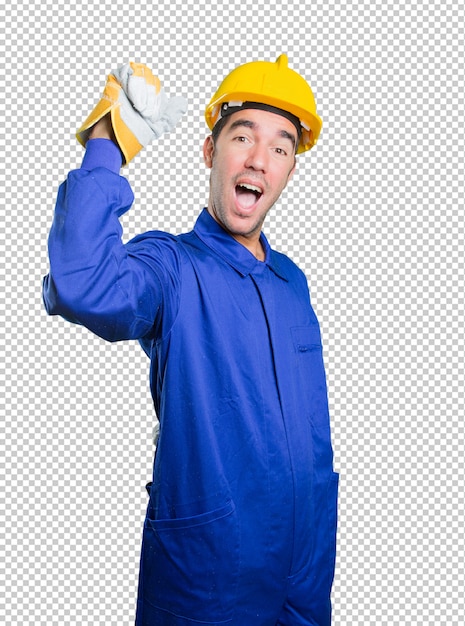 Happy workman celebrating on white background