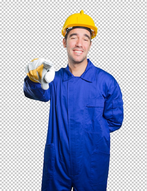 PSD happy workman laughing at you on white background