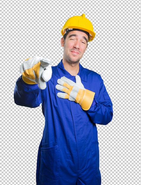 PSD happy workman laughing at you on white background