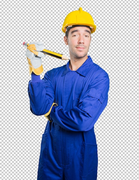 Happy workman using a big pencil on white background