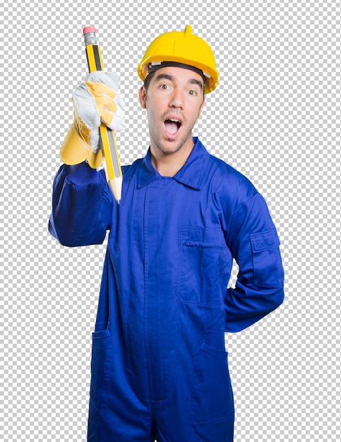 PSD happy workman using a big pencil on white background