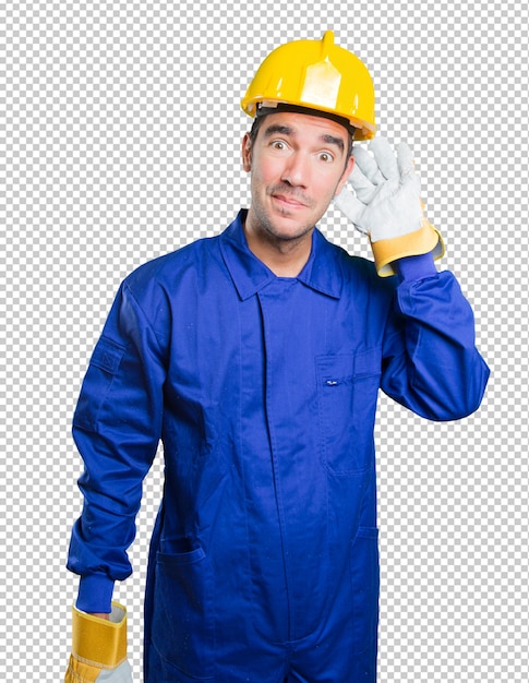 Happy workman with listen gesture on white background