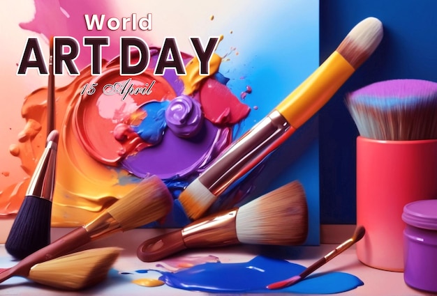 PSD happy world art day background design with a beautiful paintbrush