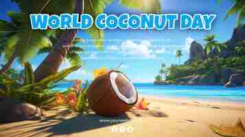 PSD poster di happy world coconut day in stile 3d