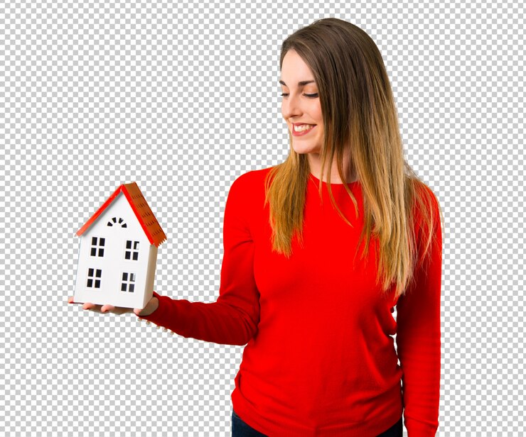 PSD happy young blonde woman holding a little house