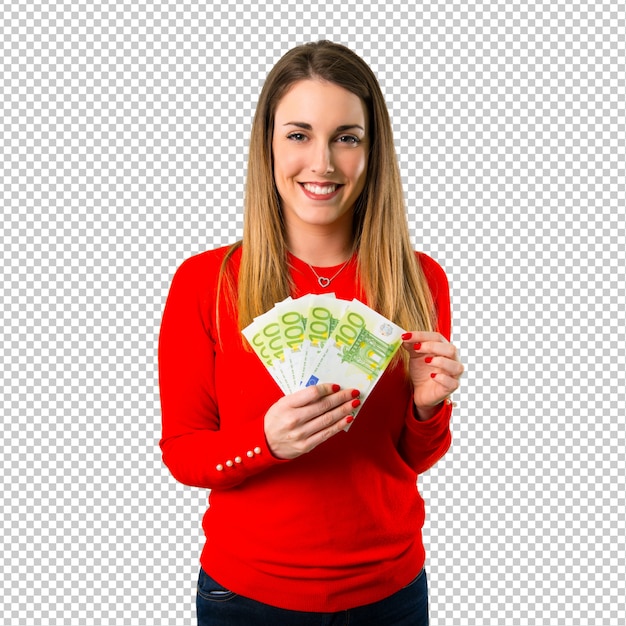 happy young blonde woman taking a lot of money