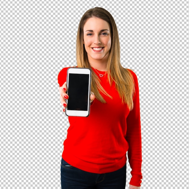 PSD happy young blonde woman talking to mobile