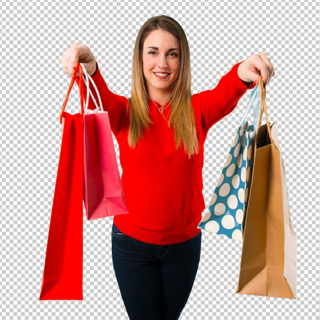 PSD happy young blonde woman with shopping bag