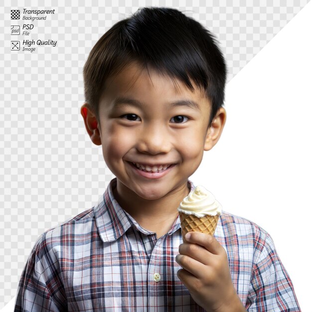 バニラアイスクリームを楽しんでいる幸せな若い少年