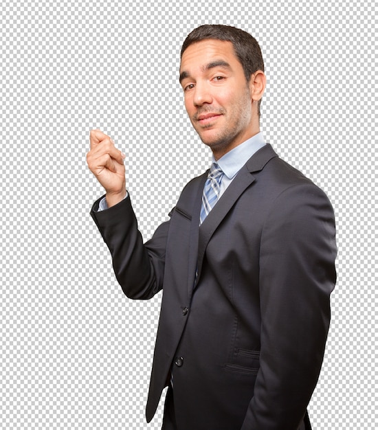 PSD happy young businessman doing a money gesture