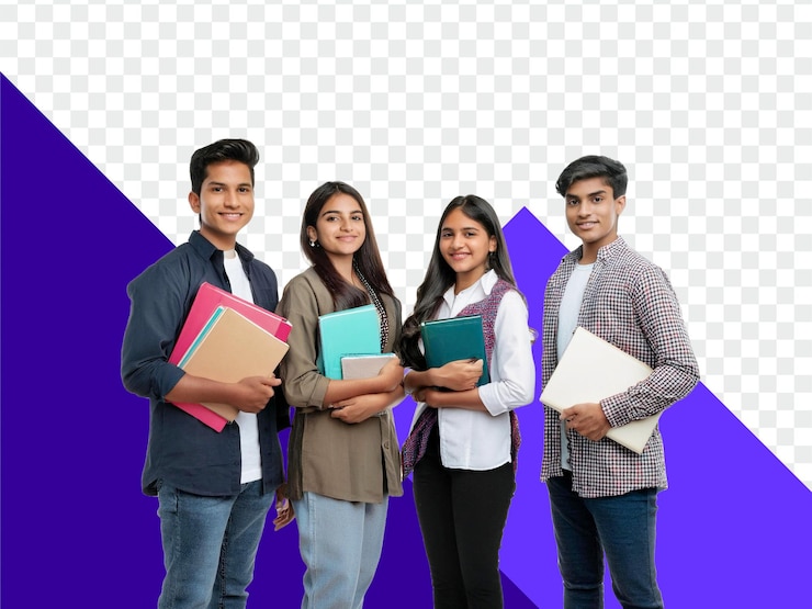 PSD happy young college students smiling and looking into camera on isolated background
