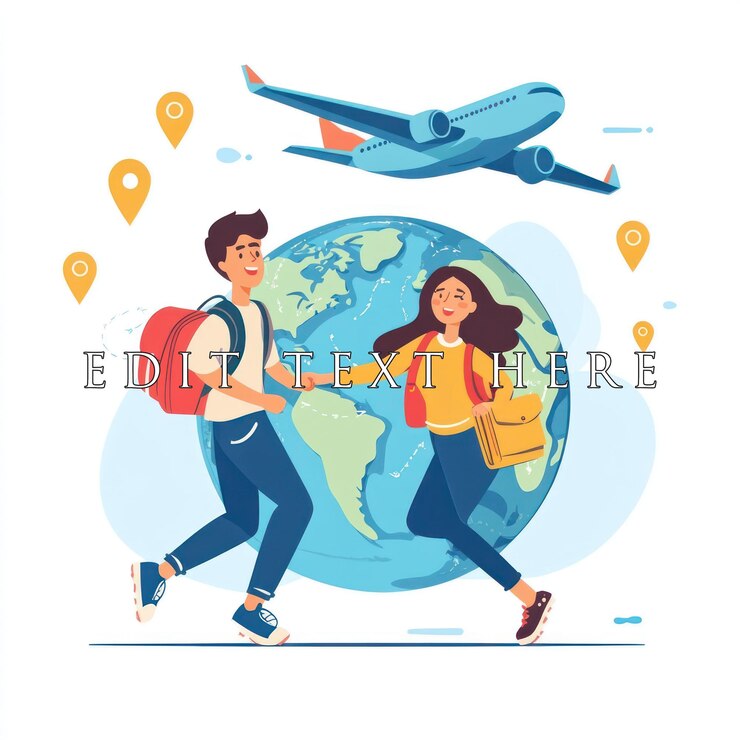 PSD happy young couple holding hands running towards a plane and the earth ready for travel adventure
