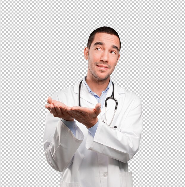 PSD happy young doctor doing a show gesture