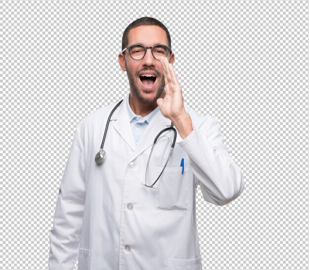 PSD happy young doctor shouting