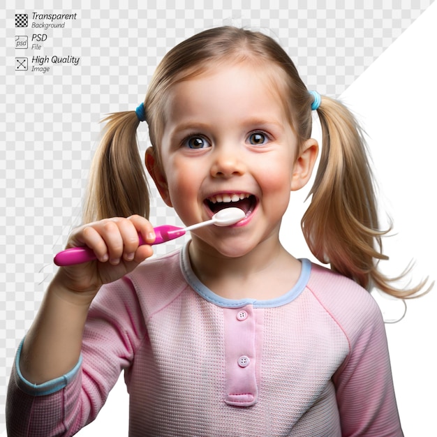 PSD happy young girl brushing teeth with a bright pink toothbrush