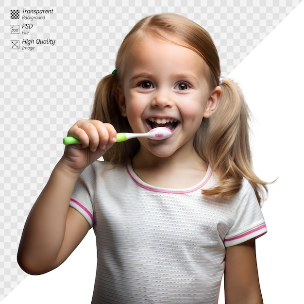 PSD happy young girl brushing teeth with a cheerful smile
