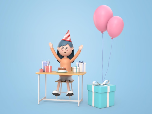 Happy young girl wears birthday hat with birthday cake and balloon on isolated background