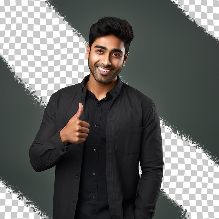 PSD happy young indian man pointing at copy space presenting sale offer on transparent background