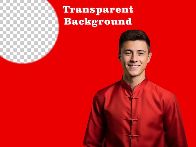 PSD giovane felice con una camicia cinese sullo sfondo rosso trasparente