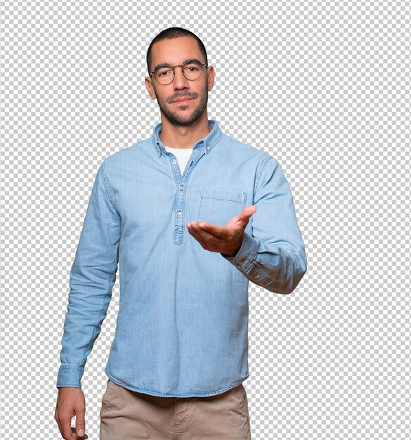 PSD happy young man doing a gesture of welcome with his hand