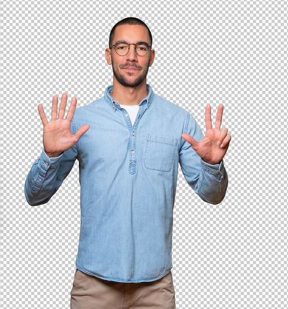 PSD happy young man doing a number eight gesture with his hands