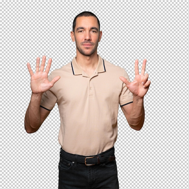 PSD happy young man doing a number eight gesture with his hands