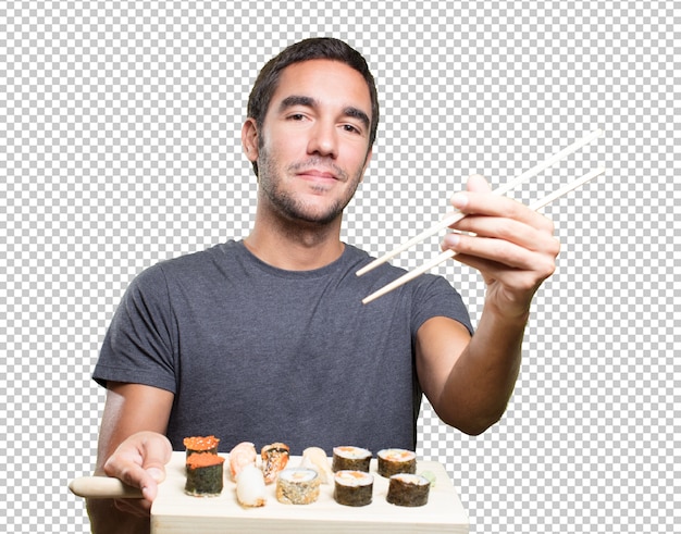 PSD happy young man eating sushi