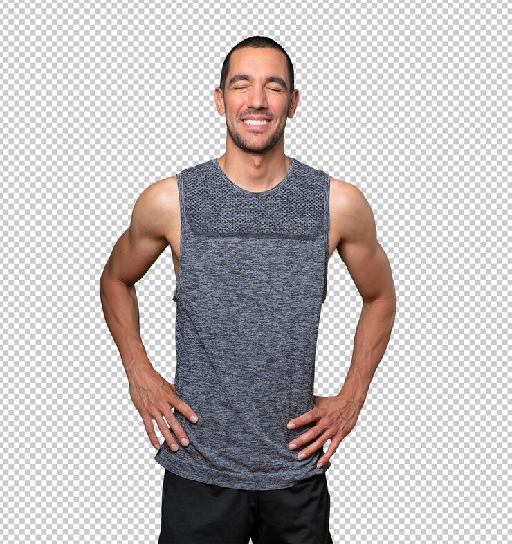 PSD happy young man laughing against background