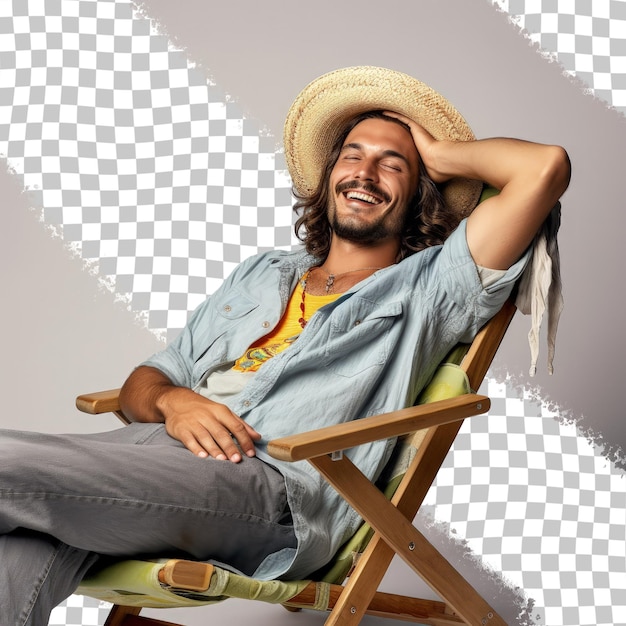 透明な背景に隔離された首の後ろの手で休んでいるビーチシャツと帽子を着た冷蔵庫の横に横たわっている幸せな若い男