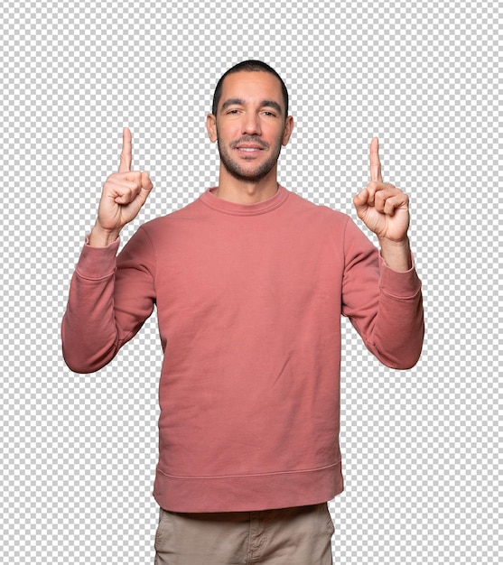 PSD happy young man pointing up with his finger