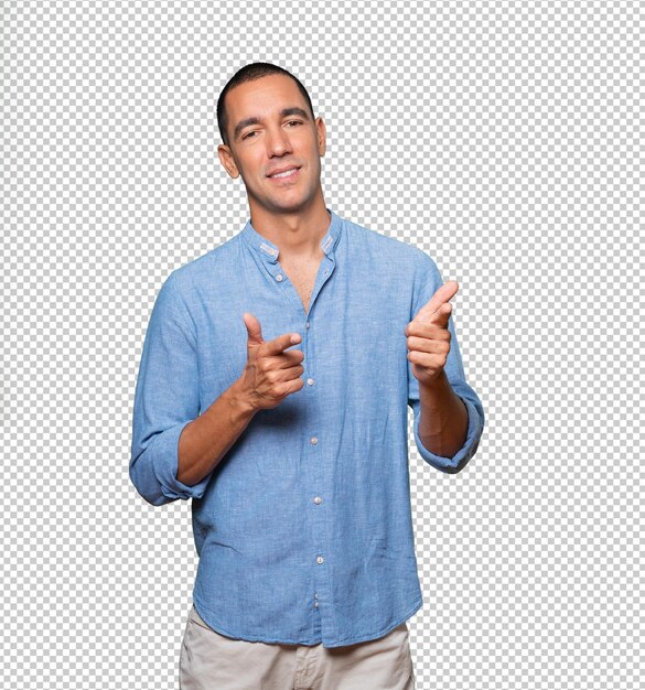 PSD happy young man pointing at you with his finger