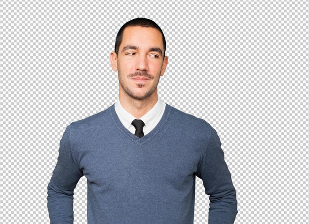 Happy young man posing against background