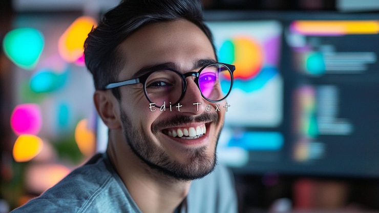 PSD happy young man smiling at camera in front of computer screen