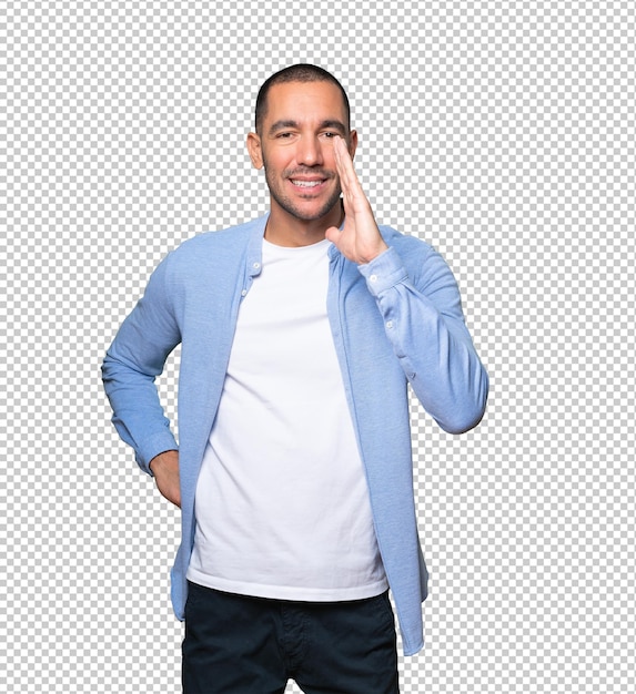 happy young man trying to say something strongly