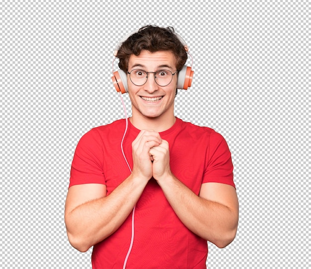 PSD happy young man using a headphones