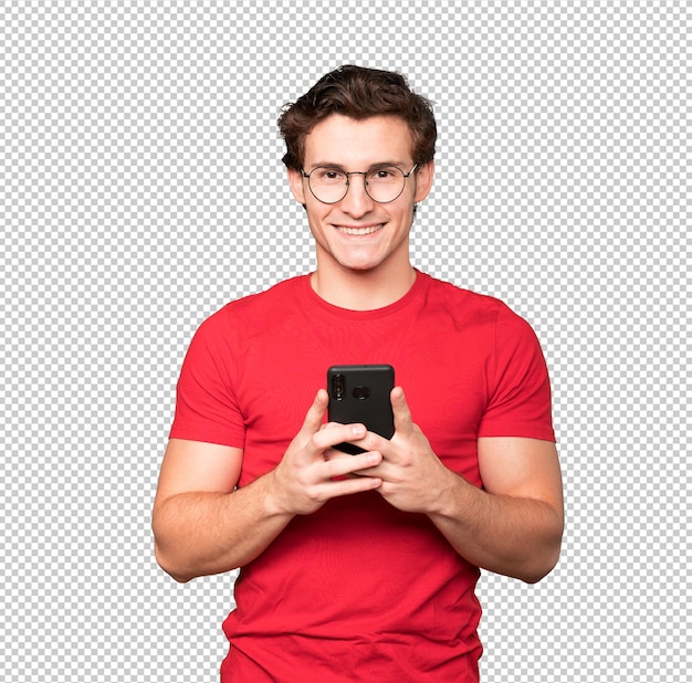 PSD happy young man using his mobile phone