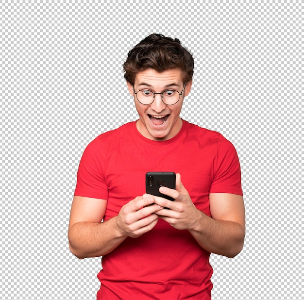 PSD happy young man using his mobile phone