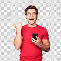 PSD happy young man using a mobile phone and celebrating