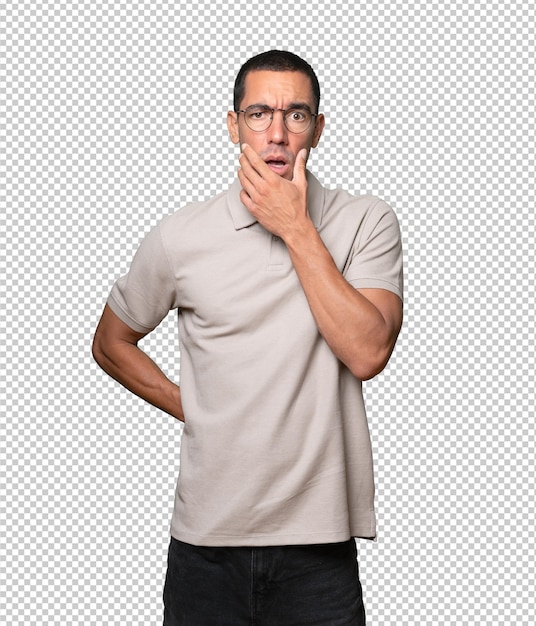 happy young man with a gesture of looking away