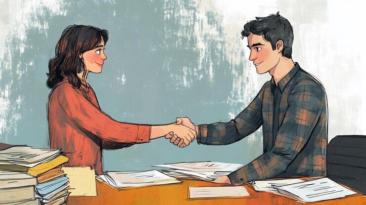 PSD happy young man and woman shaking hands after a successful meeting or job interview